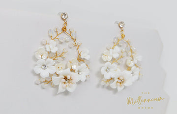 Swarovski Ceramic White Flower Sparkling Crystal Long Bridal Jewelry Crystal Bridal Earrings Statement Earrings Cz